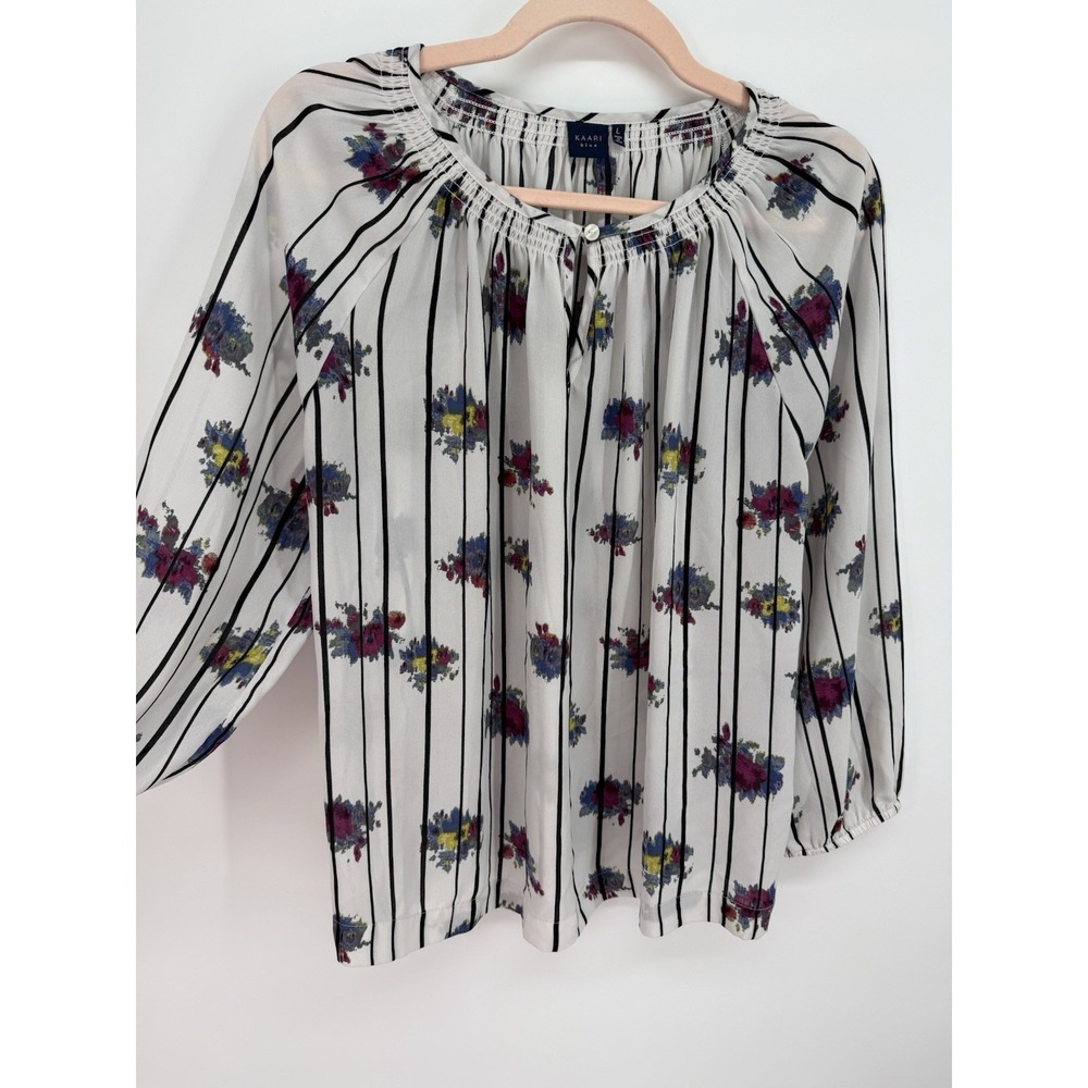 Kaari Blue Sheer Striped Floral Peasant Blouse Top Keyhole Neck Womens Size L